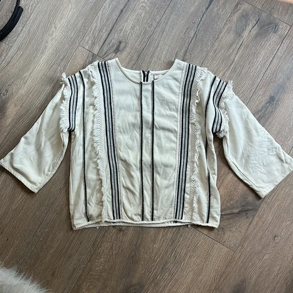 Anthropologie Eri & Ali Top Fringe Trim Black Cream Blouse Women Size Medium - Picture 2 of 12